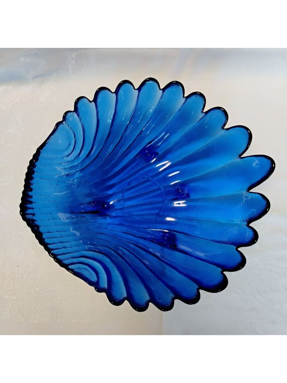 Vintage Arcoroc Cobalt Blue Glass Coquillage Clam Shell Bowl, 11" Footed Scallop